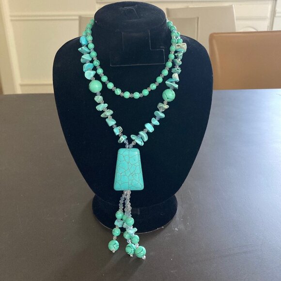 Turquoise Double Strand Chunky Necklace 66 Grams Pendant Dangle 18 Inches Hawaii - Picture 1 of 11